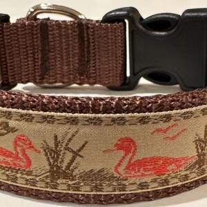 May include: Brown dog collar with a tan band featuring red duck illustrations, reeds, and flying birds. The collar has a black plastic buckle and a silver metal loop for leash attachment. The collar is made of woven fabric.