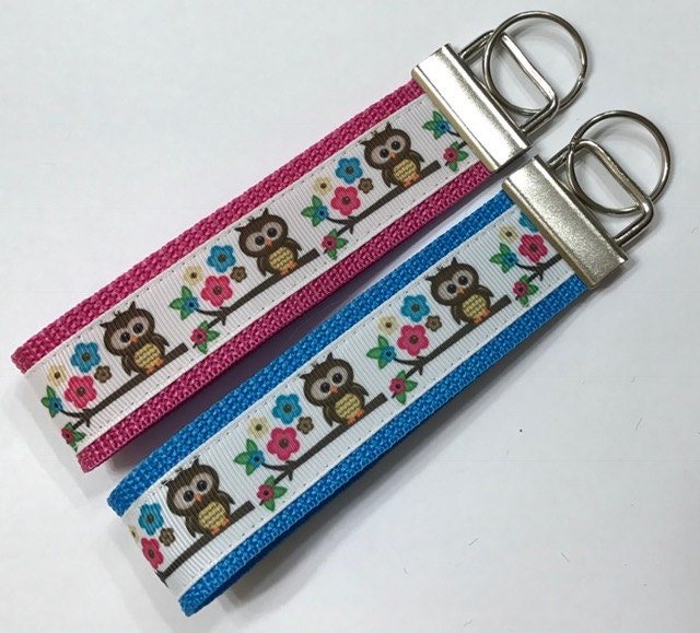 Owls on Branch Ribbon Wristlet KeyFob/Lanyard, Luggage/Backpack Tag, Teacher Badge/Whistle Holder, S