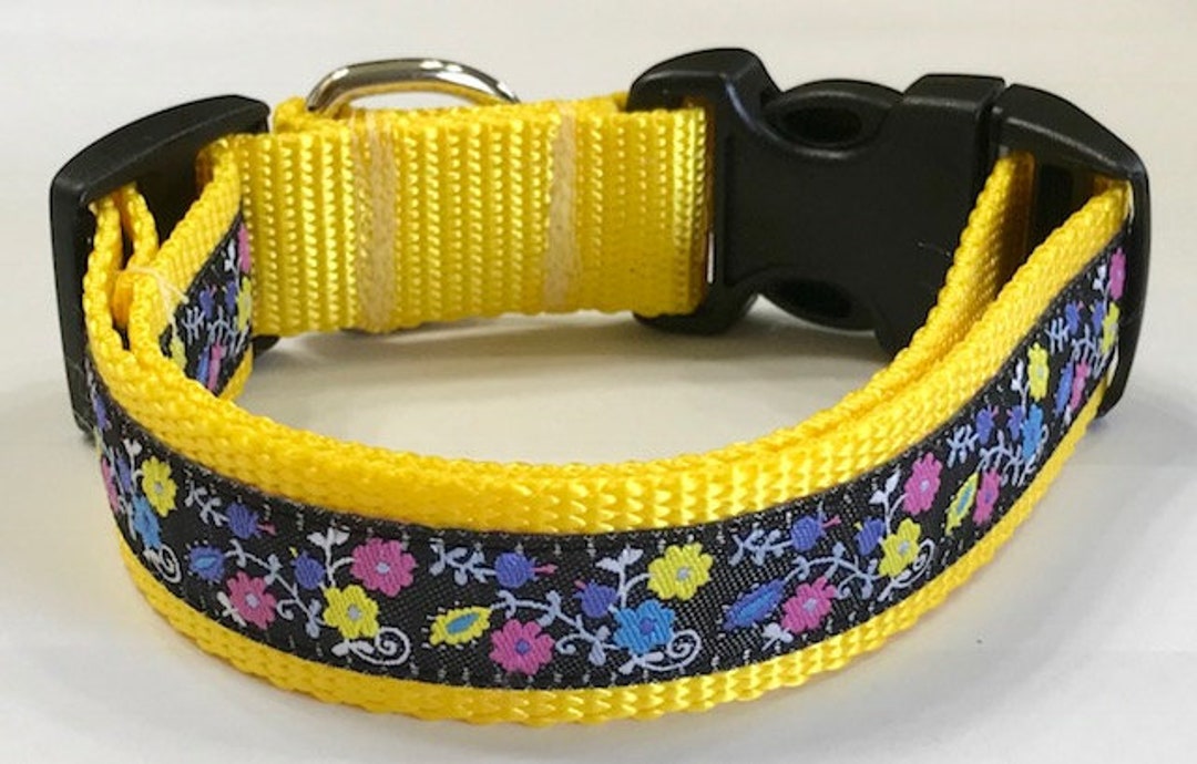 Dog Collar Flowers Little 3 Yellow Pink Jacquard Ribbon Designer