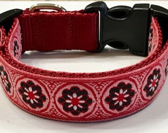 Dog Collar: Flowers Medallions 5 Red/Maroon Jacquard AdjustableCollar, Garden/Nursery Gift, Veterinary/Pet Supplies/Accessories,Pet Gift