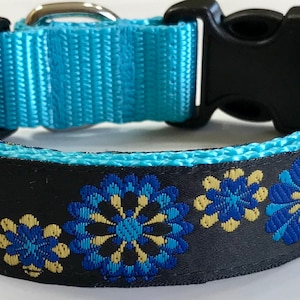 Dog Collar: Flower Starburst Turquoise/Beige/Black Jacquard Ribbon Adjustable  Collar, Pet/Vet Supplies/Accessories, Vet Gift,