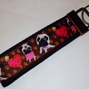 Dogs Pugs and Hearts Ribbon Wristlet KeyFob/Ring/Lanyard, Pet Luggage/Backpack Tag,Pug Lover Fob, Vet/Pet Badge/Whistle Holder,Pug Gift Item