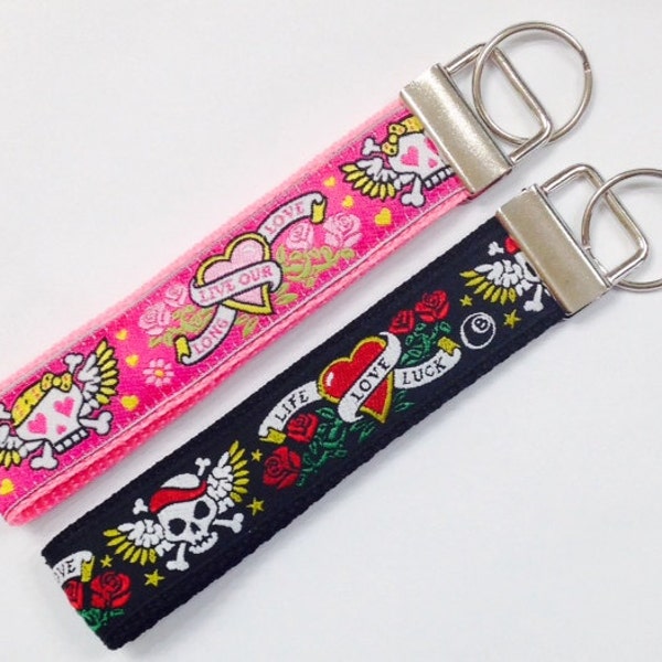 Rockabilly Skulls/Hearts Wristlet KeyFob/Lanyard/DogCollar:Pirate BonesLuggage/Backpack Tag,Biker Badge/Whistle Holder, Souvenir, Dog Collar