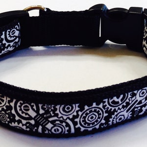 Steampunk Jacquard Designer Ribbon Adjustable Dog Collar, White/Black Gears ,Pet Supply/Accessories,Pet Collar, Doggie Gift,Stocking Stuffer
