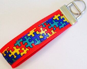 Autism Awareness Ribbon Wristlet KeyFob/Ring/Lanyard, Luggage/Backpack Tag, Teacher Badge/Whistle Holder, Souvenir, Sports/Sewing Lanyard