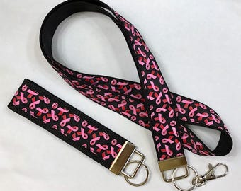 Breast Cancer Awareness Pink Ribbon Wristlet KeyFob/Lanyard, Pink Ribbon Luggage/Backpack Tag, Teacher Badge/Whistle Holder,Cancer Awareness