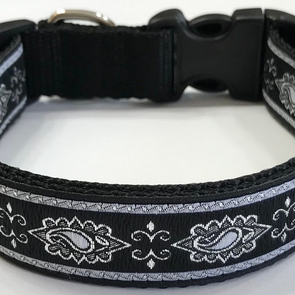 Dog Collar: Sparkle Glitzy Paisley Black/Silver Designer Ribbon Adjustable CollarBlack and Silver, Pet Vet Supplies/Accessories,Vet Gift