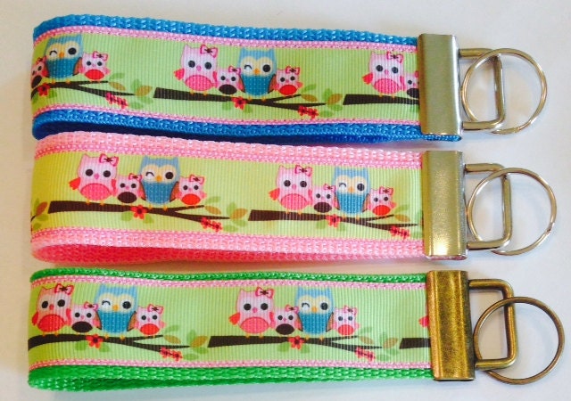 Owls Family Ribbon Wristlet Green KeyFob/Lanyard , Luggage/Backpack Tag, Teacher Badge/Whistle Hold