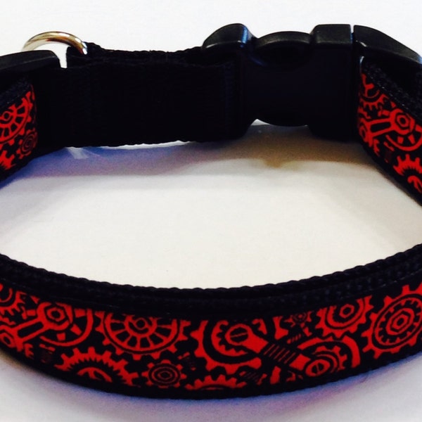 Steampunk Gears, Wrench Jacquard Designer Ribbon Dog Collar: Red/Black Gears , Pet Supply, Pet Collar, Doggie Gift,Stocking Stuffer