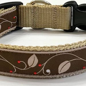 Dog Collar: Leaves and Vines 1 Brown and Beige Jacquard Designer Ribbon Dog Collar, Pet Supply/Accessories, Male Dog Collar, Pet/VeteItem