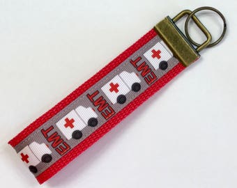 EMT, Emergency, 911 Ribbon Wristlet KeyFob/Lanyard/Dog Collar, Medical Luggage/Backpack Tag, EMT Badge Holder, Paramedic/Hospital Lanyard