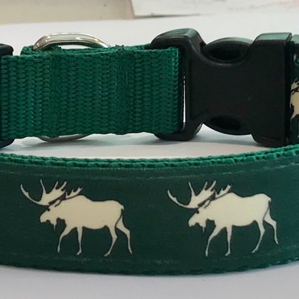 Moose Hunting , Designer Adjustable DogCollar,Green Moose Wildlife DogCollar, Forest/Camping Nature Dog Collar,Pet/Vet Supply/Gift