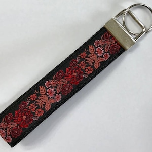 Gorgeous Jacquard Roses Designer Wristlet Key Fob/Lanyard/Pulls/Dog Collars: Shimmery Red Jacquard Flowers Ribbon,Luggage/Backpack Tags