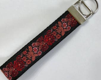 Gorgeous Jacquard Roses Designer Wristlet Key Fob/Lanyard/Pulls/Dog Collars: Shimmery Red Jacquard Flowers Ribbon,Luggage/Backpack Tags