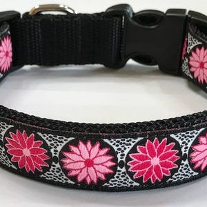 Dog Collar: Flower Pinwheel 3 Daisy Dot Pink/Black Jacquard Ribbon Adjustable  Collar, Pet/Vet Supplies/Accessories, Vet Gift,