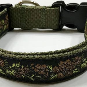 Dog Collar: Flowers Roses 11 Brown Olive Jacquard Ribbon Designer Adjustable Dog CollarPet Supply/Accessories/Gift, Vet Item/Accessories