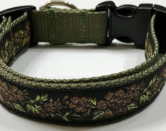 Dog Collar: Flowers Roses 11 Brown Olive Jacquard Ribbon Designer Adjustable Dog CollarPet Supply/Accessories/Gift, Vet Item/Accessories