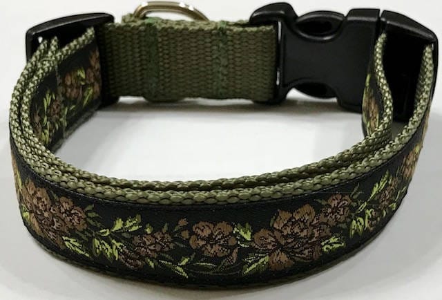 Dog Collar Flowers Roses 11 Brown Olive Jacquard Ribbon Designer Adjustable Collarpet Supply/Accessories/Gift, Vet Item/Accessories