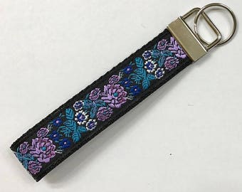 Gorgeous Jacquard Roses Designer Wristlet Key Fob: Shimmery Teal/Lavender, Lanyard/Pulls/Dog Collars, Luggage/Backpack Tags