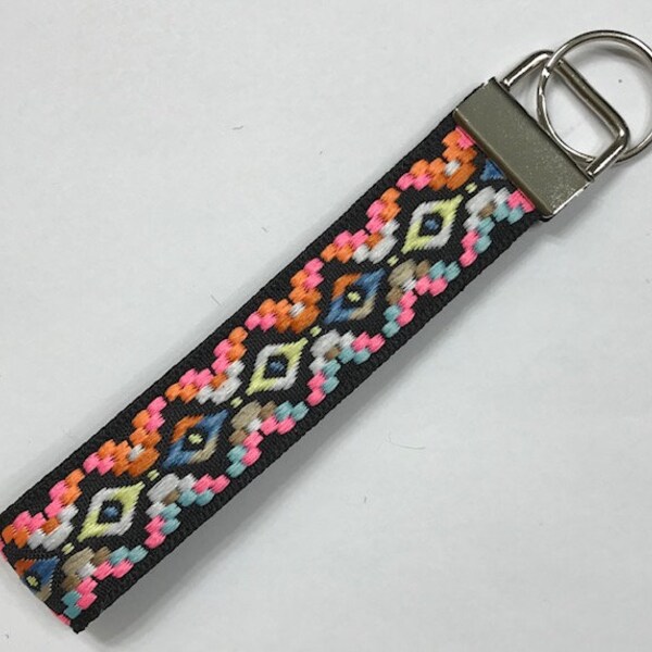 Aztec Southwest Ribbon Wristlet Key Fob/Lanyard/Luggage Tag/Dog Collar; Multicolored Fob; Desert Sand Colors;Teacher/Nature Gift