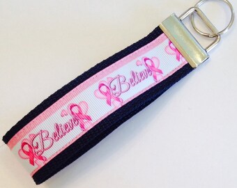 Breast Cancer Awareness Believe Ribbon Wristlet KeyFob/Lanyard, Pink Ribbon Luggage/Backpack Tag, Teacher Badge/Whistle Holder, Souvenir