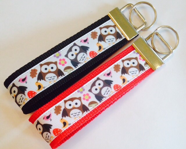 Owls & Mushrooms Ribbon Wristlet KeyFob/Ring/Lanyard , Luggage/Backpack Tag, Teacher Badge/Whist
