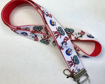 Dr Seuss Cat in the Hat Inspired Lanyard, Wristlet KeyFob, Luggage/Backpack Tag,Teach er Badge/Whistle Holder, Souvenir,Birthday Party Prize