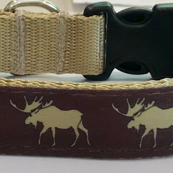 Moose Hunting , Designer Adjustable DogCollar,Brown/Tan Moose Wildlife DogCollar, Forest/Camping Nature Dog Collar,Pet/Vet Supply/Gift