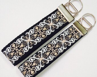 Vintage Jacquard Designer Wristlet Ribbon KeyFob,Vintage White and Black Bracelet Key Ring, Luggage/Backpack Tag, Teacher/Quilter/Sewer Gift