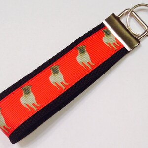 Dogs Pugs Red Ribbon Wristlet Bracelet KeyFob/Ring/Lanyard, Pet Pug Luggage/Backpack Tag, Dog Lover Badge/Whistle Holder, Pet/Sewing Lanyard