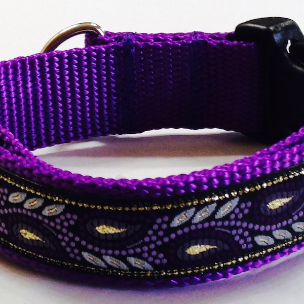 Dog Collar: Sparkle Leaves 2 Purple/Gold Jacquard Ribbon Designer Dog Collar,Glitzy Custom/Puppy/Adult/Pet Collars, Pet Supplies, Dog Gift