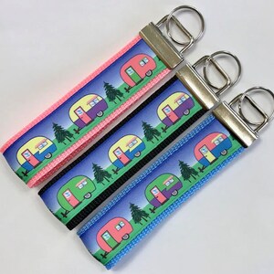 Retro Vintage Camper/Trailer Ribbon Key Fob, New Custom Design: RV/Glamper Fob, Forest/Nature Campers, Camping Gift, Trailer Wristlet Fob
