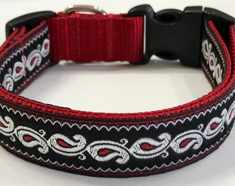 Dog Collar: Paisley 2  Silver and Red Designer Ribbon Adjustable, Pet Vet Supplies/Accessories,Garden/Nursery Gift, Vet Gift