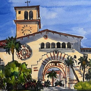 May include: Watercolor painting of a beige building with a clock tower and arched entrance. The building has a Spanish architectural style, with palm trees and lush greenery in the foreground. The sky is blue.