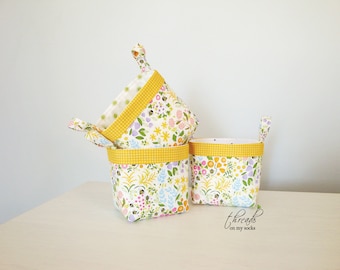 Handmade Fabric Basket, Mini Basket, Blossoms and Bees