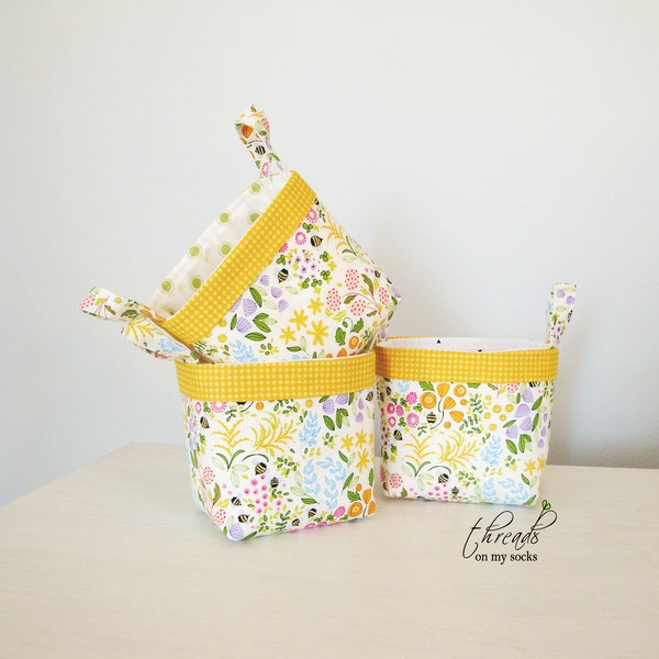 Handmade Fabric Basket, Mini Basket, Blossoms and Bees