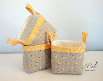 Handmade Fabric Baskets, Mini Baskets, Grey & Yellow Chickens