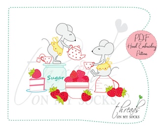 PDF Hand Embroidery Pattern, Tea & Strawberries Pattern, Mouse Strawberry PDF Pattern, Instant Download