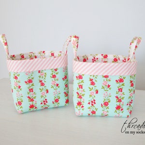 Handmade Mini Fabric Basket, Aqua and White Floral Basket, Sunday Stroll image 1