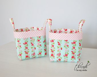 Handmade Mini Fabric Basket, Aqua and White Floral Basket, Sunday Stroll