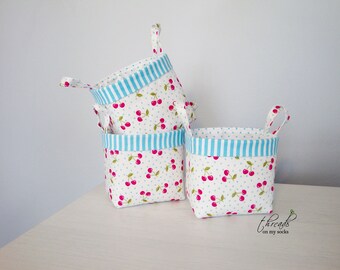 Handmade Mini Fabric Basket, Cherries Fabric Basket, mini basket