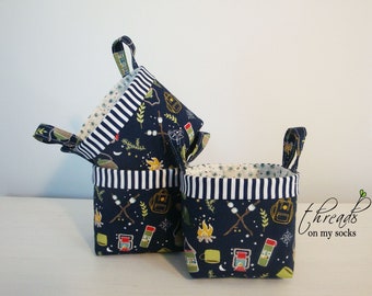 Handmade Fabric Basket, Mini Basket, S'Mores and Camping, Navy Blue