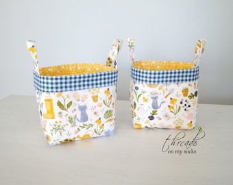 Handmade Mini Fabric Basket, Fun Mini Basket, Desk Basket, Dear Stella Garden Kitty, Blue & Yellow