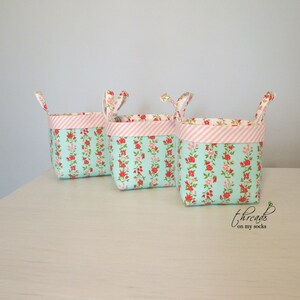 Handmade Mini Fabric Basket, Aqua and White Floral Basket, Sunday Stroll image 4