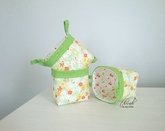 Handmade Mini Fabric Basket, mini basket, Spring Flower Basket, Green Floral