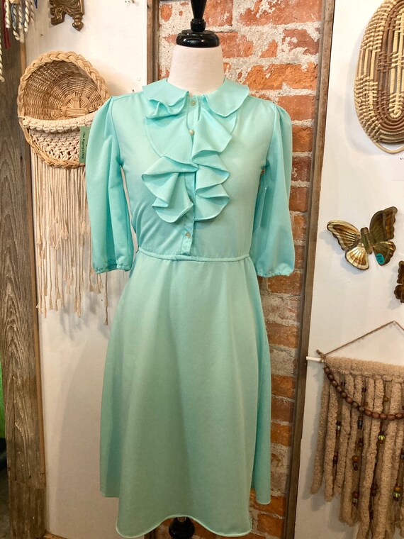 Vintage 1960s Mint Green Ruffles Polyester Dress