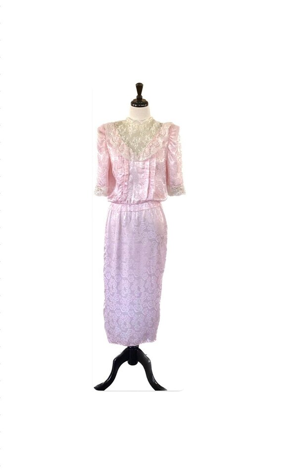 Vintage 1970s/80s Pink Satin and Lace Dress