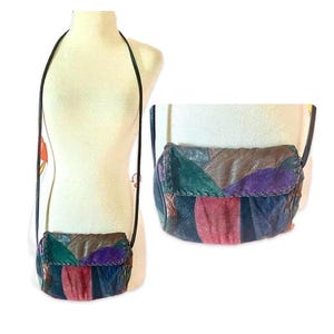 Vintage 1980s/90s Patchwork Suede Leather Multi Colored Shoulder Bag / Crosabody Bag