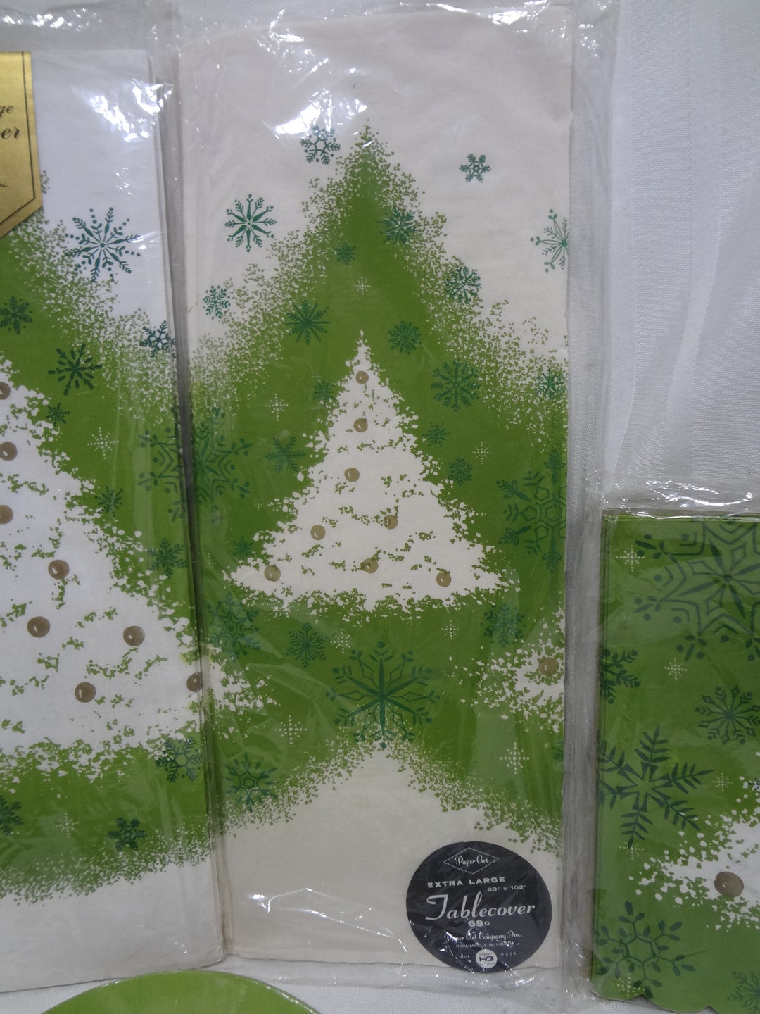 Vintage Christmas Paper Tableclothsnapkinsplates NEW Green Gold White