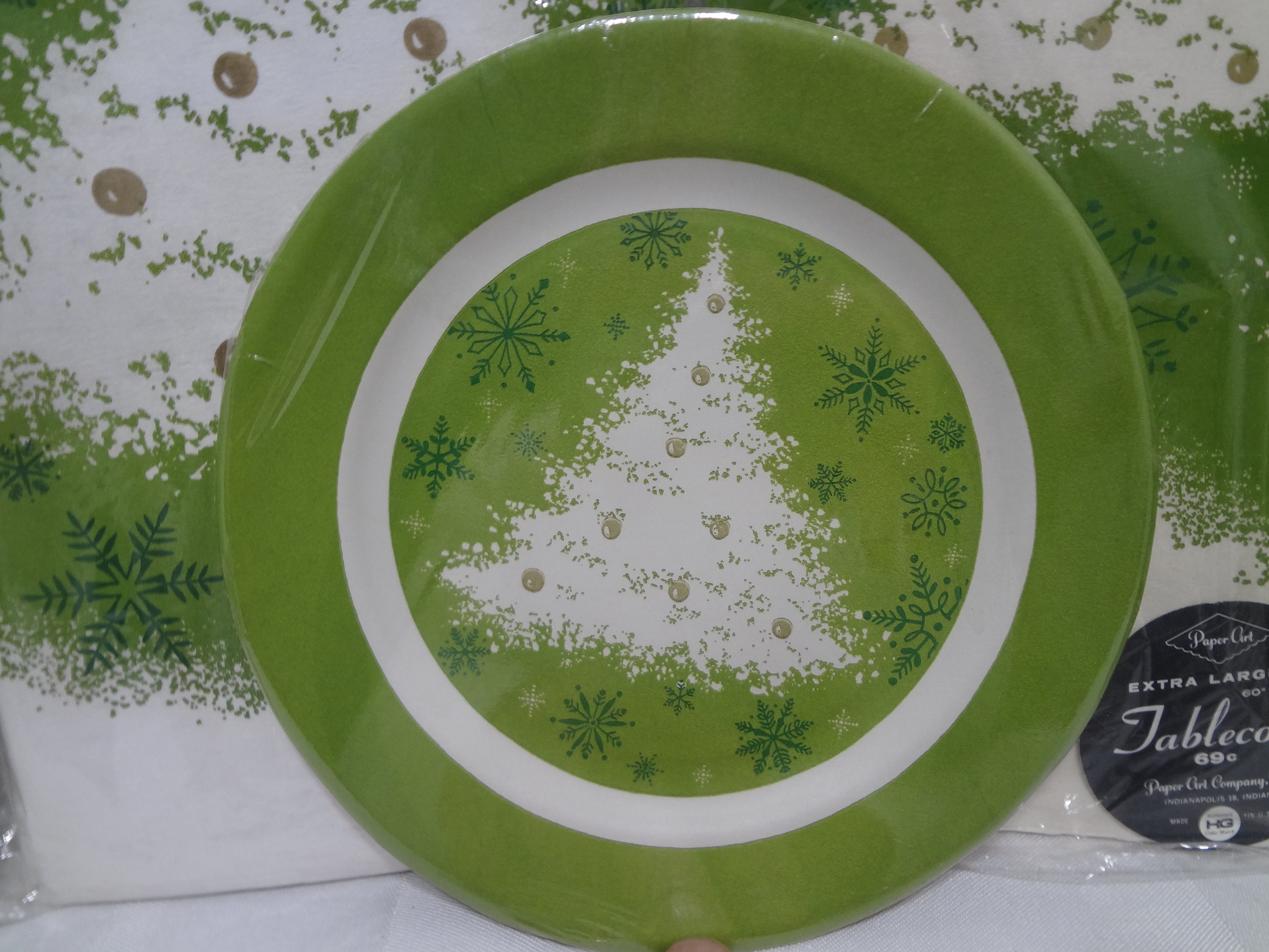 Vintage Christmas Paper Tableclothsnapkinsplates NEW Green Gold White